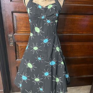 Black Halter Dress with Blue and Green Starburst Pattern